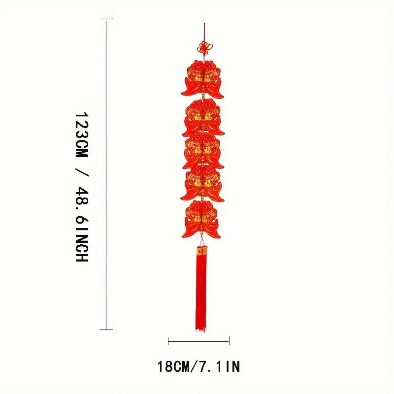New Year On Fish Skewers Decorative Pendant 35.5-53.3Inch, Double Fish Double Blessing Red Fringe Hanging Decor