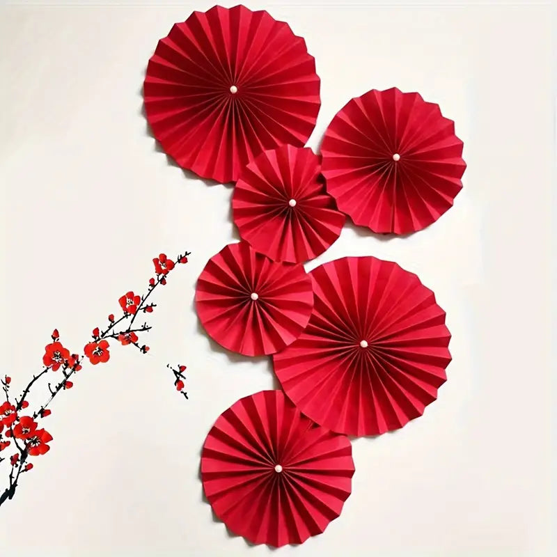 6pcs, Red Paper Fan Decorations