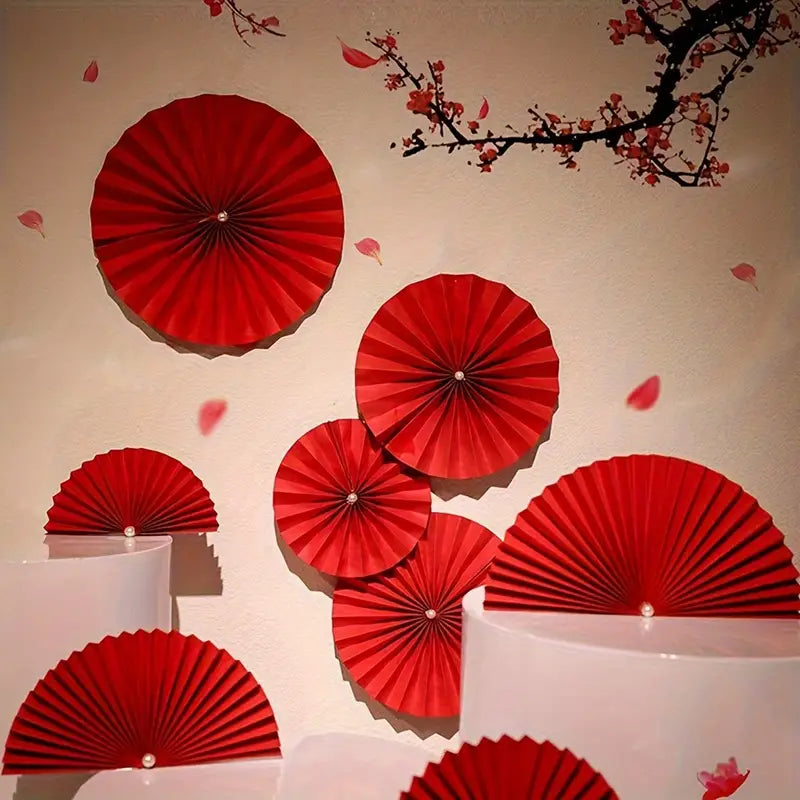 6pcs, Red Paper Fan Decorations